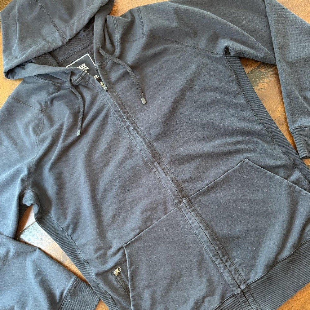 SAXX Hoodie Mens XL Black Down Time‎ Full Zip Fleece Stretch Pockets Hooded